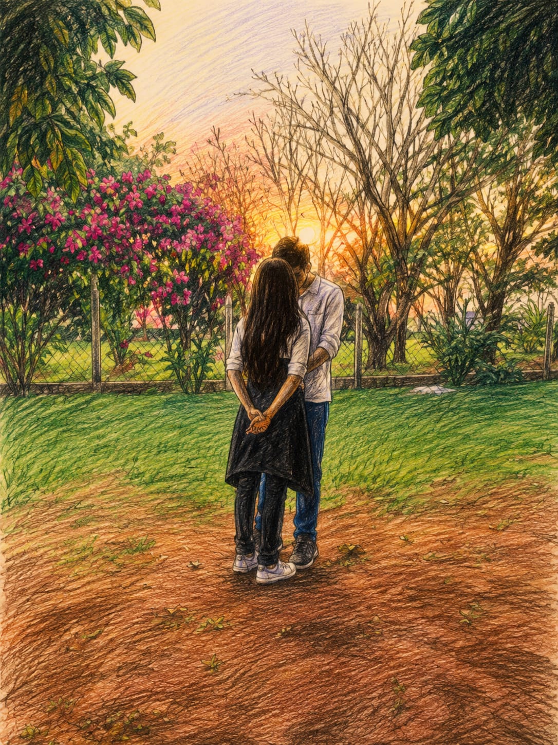 Foto dos noivos no jardim ao entardecer